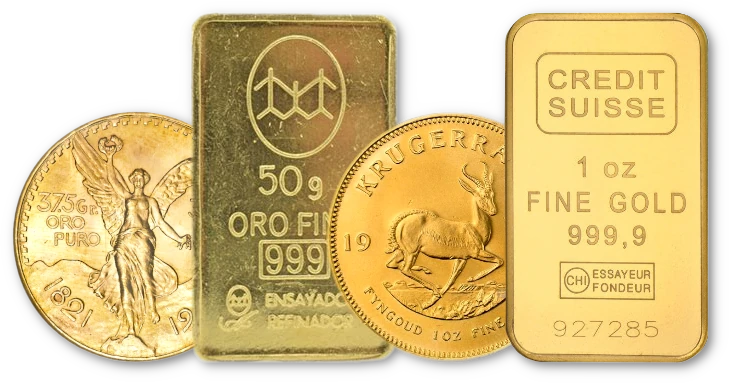 Monedas de oro Mexicano y Krugerrand, Lingotes de oro fino de 50 gramos y 1 oz